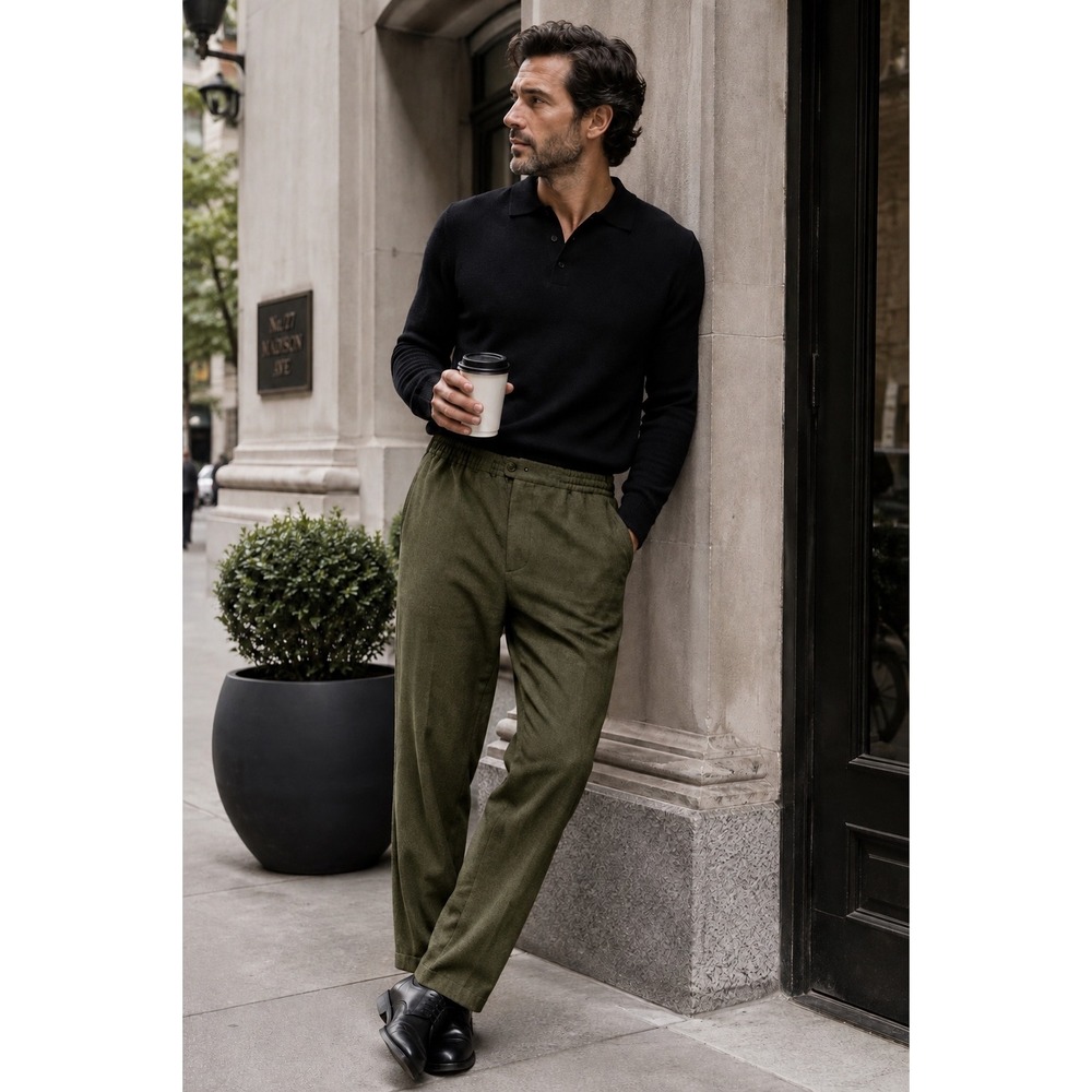 Theory Mens XL Olive Green Wool Blend Flannel Elastic Waist Pull On Pants